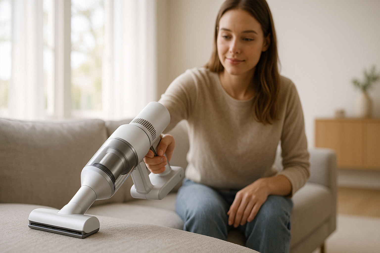 Mujer europea limpiando el sofá con el mejor aspirador de mano calidad precio en un salón moderno
