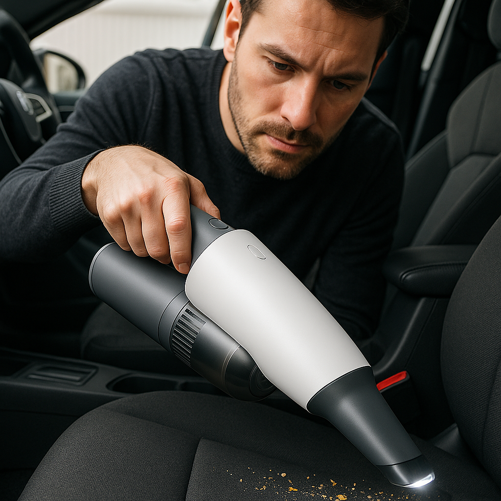 Hombre limpiando el interior del coche con un aspirador de mano calidad precio compacto