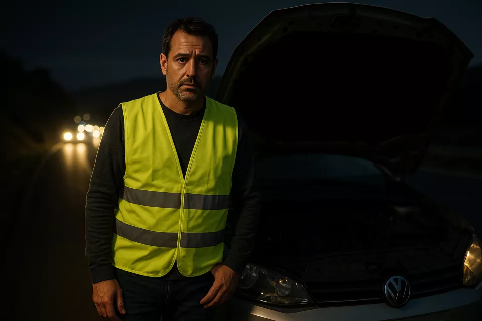 Coche averiado en arcen de autopista espanola de noche con conductor colocando senalizacion de emergencia