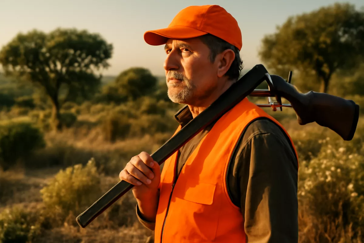 Cazador con chaleco de caza naranja en un monte español durante una jornada de montería