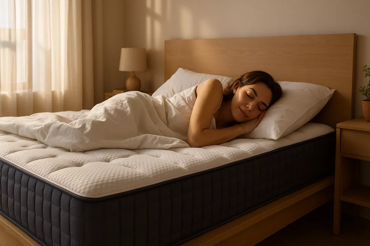 Mujer durmiendo placidamente en colchon calidad precio en dormitorio moderno