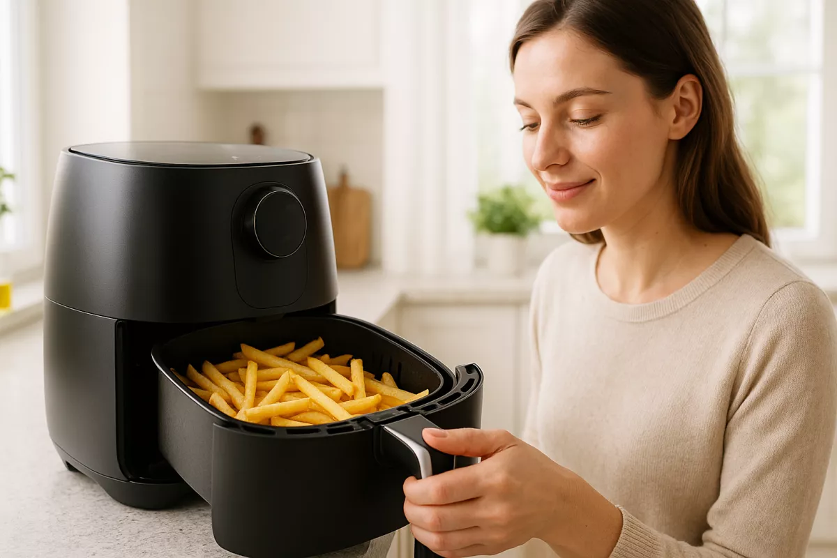Freidora de aire en una cocina moderna con alimentos recién cocinados