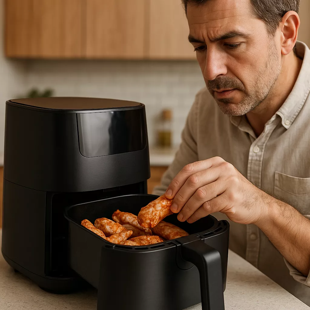 Persona sacando patatas crujientes de una freidora de aire en la cocina