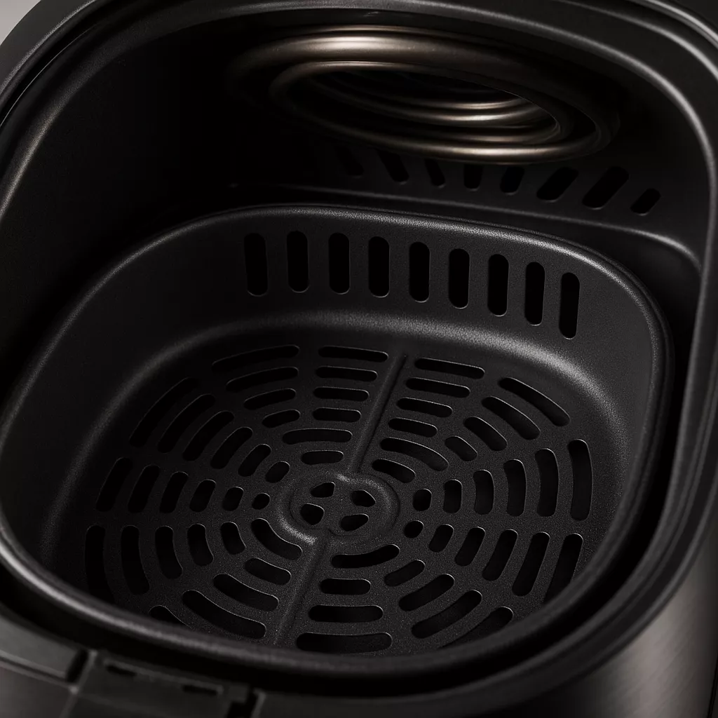 Detalle del panel de control y la cesta abierta de una freidora de aire