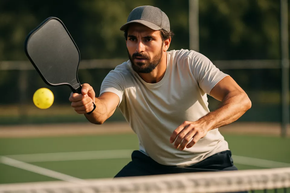 Persona jugando pickleball en pista exterior con pala de grafito en accion de golpeo