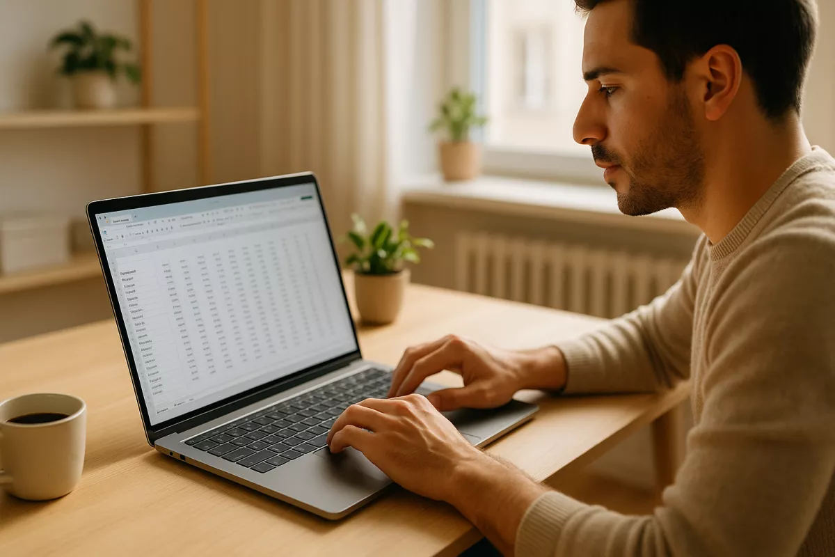 Hombre trabajando con portatil calidad precio en escritorio moderno