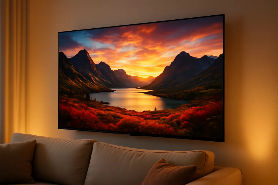 Televisor 4K en salon moderno mostrando imagen cinematografica con colores vivos iluminacion ambiental
