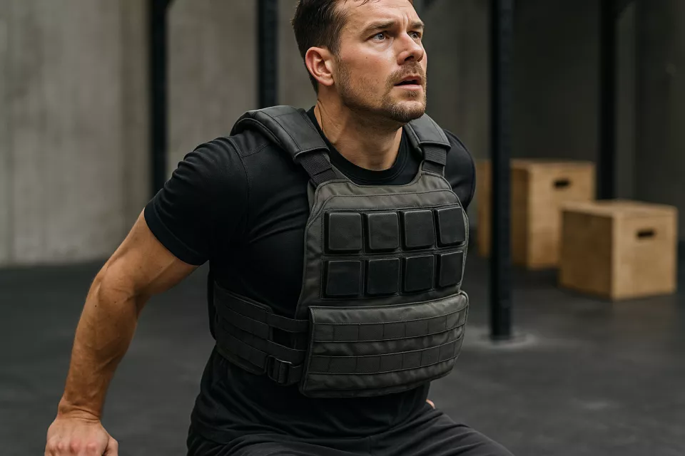 Persona entrenando con chaleco lastrado ajustable en gimnasio funcional durante ejercicio de cuerpo completo