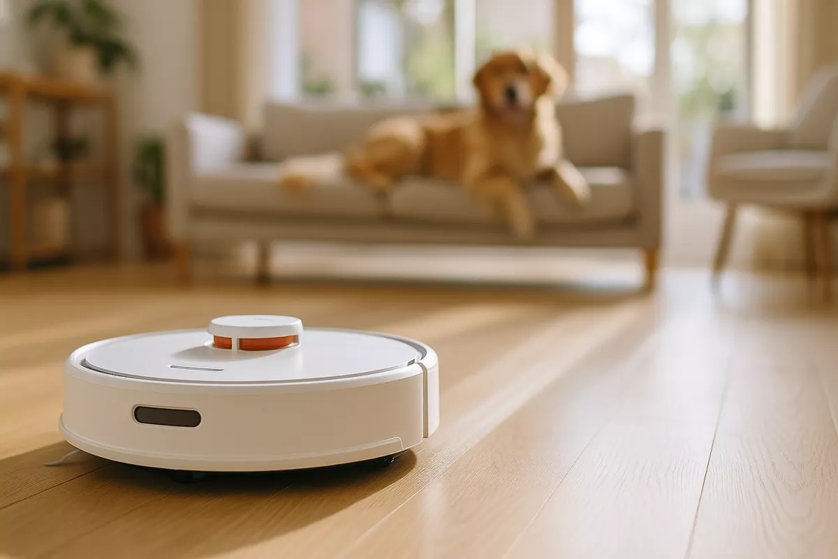 Robot aspirador calidad precio limpiando suelo de salon moderno con perro de fondo