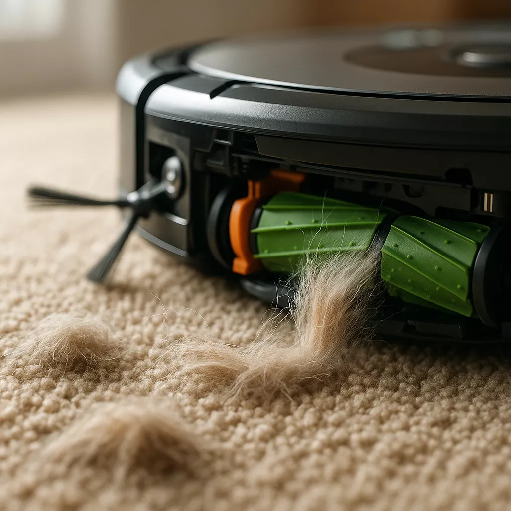 Robot aspirador calidad precio recogiendo pelo de mascota de una alfombra