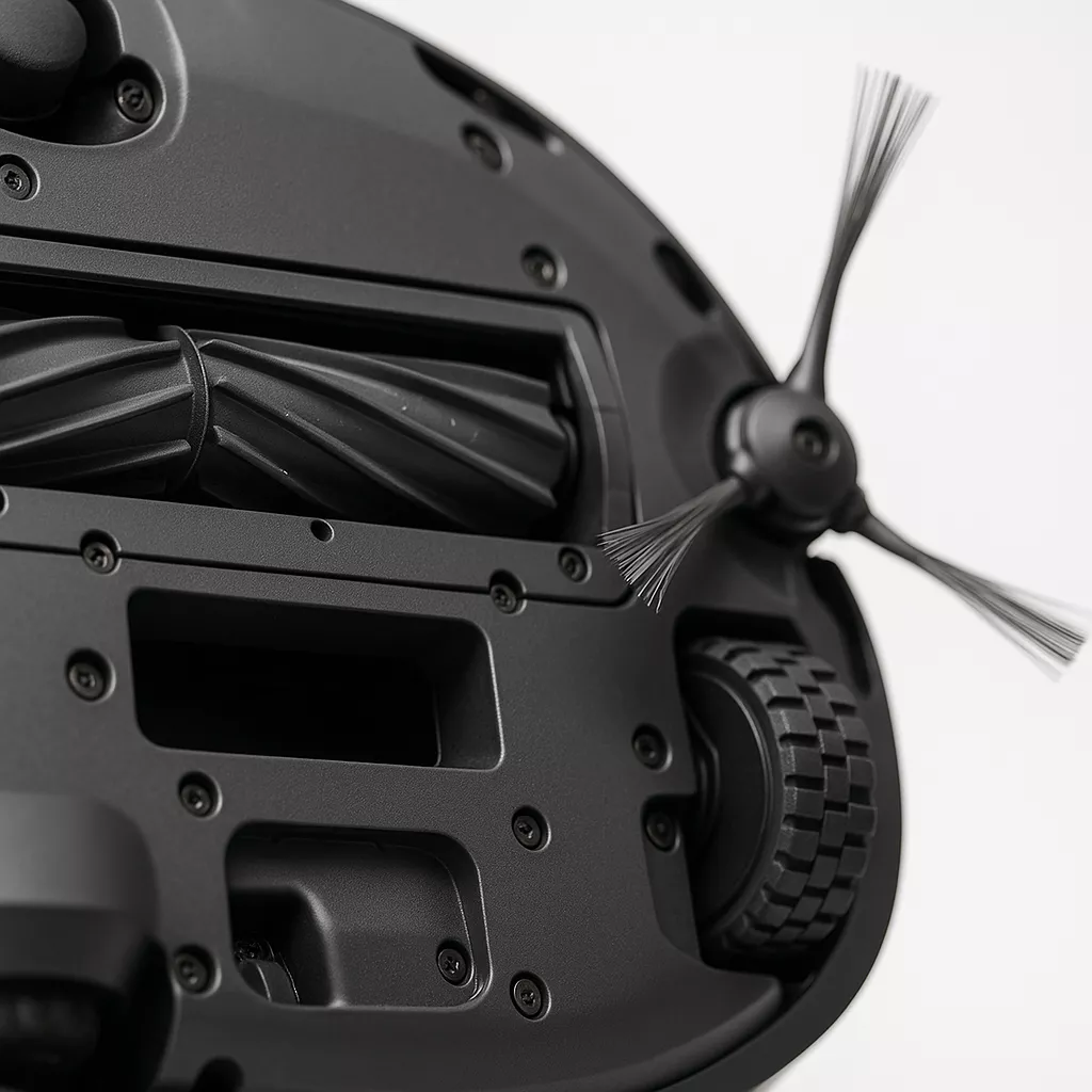 Detalle macro de los cepillos de goma y sistema de succion de un robot aspirador calidad precio