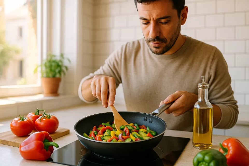 Persona cocinando en sarten antiadherente sobre placa de induccion en cocina moderna