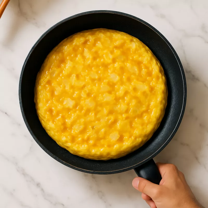 Persona cocinando tortilla en sarten antiadherente vista cenital cocina luminosa