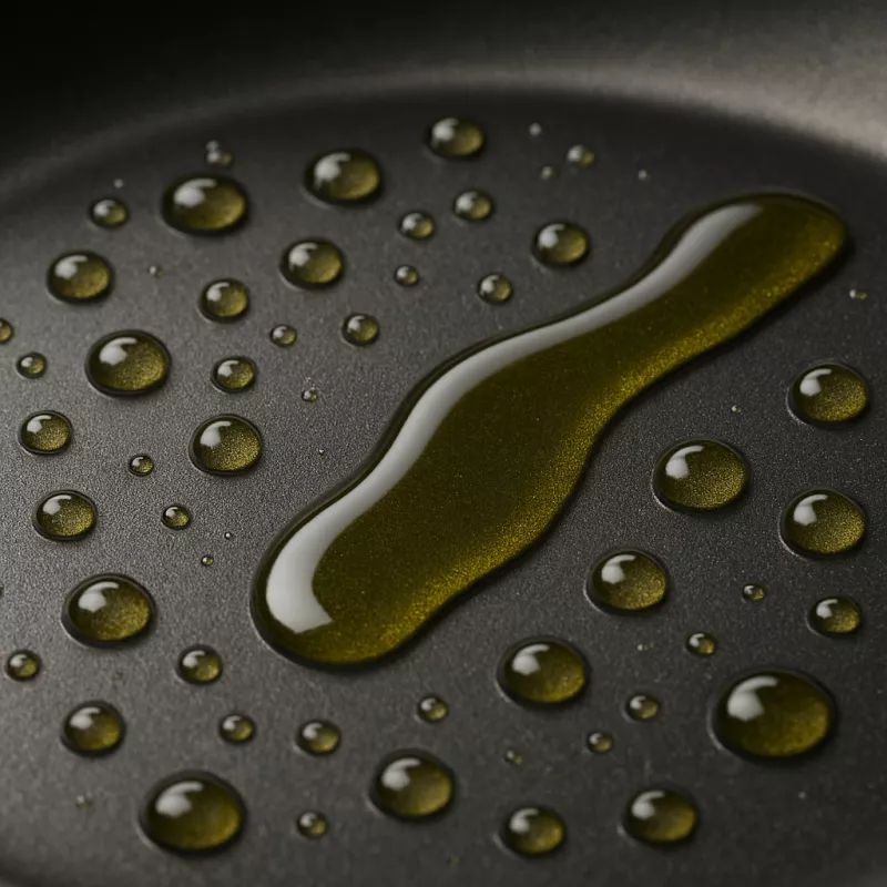 Close-up superficie antiadherente de sarten con gotas de aceite deslizandose