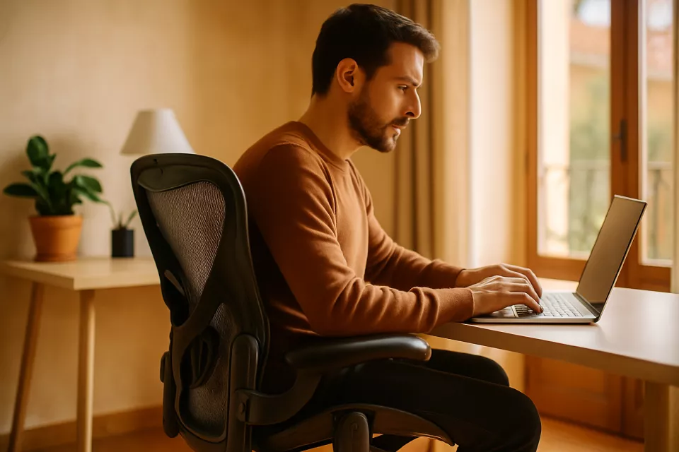 Persona trabajando en oficina con silla ergonomica ajustable frente a escritorio con monitor