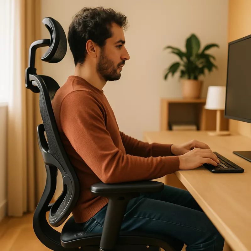 Persona sentada en silla ergonomica trabajando desde casa con buena postura lumbar