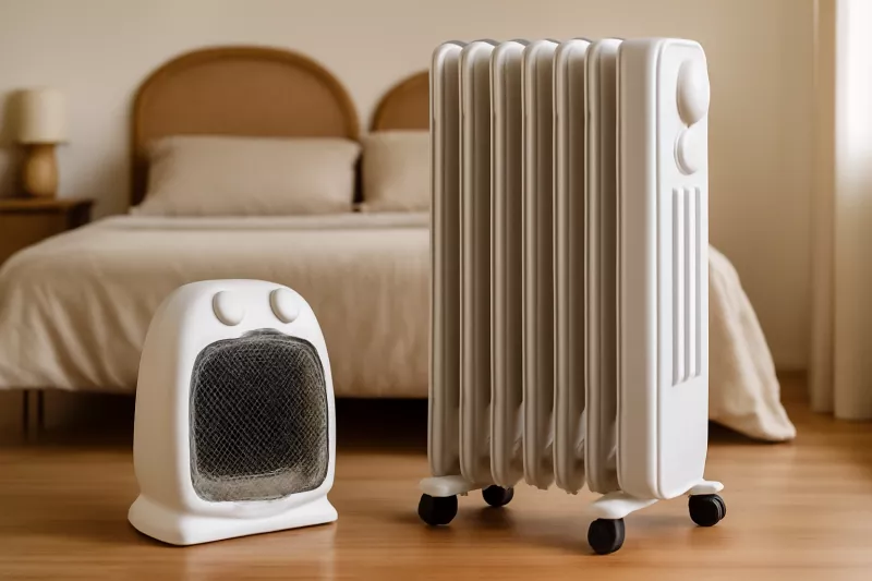 Calefactor cerámico junto a radiador de aceite en habitación mostrando diferencias de tamaño