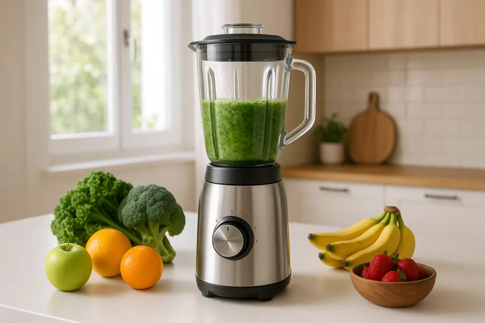 Batidora de vaso de acero inoxidable con frutas y verduras sobre encimera de cocina moderna