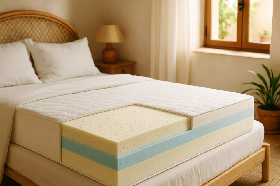 Colchón viscoelástico de perfil mostrando capas de espuma en dormitorio luminoso con sábanas blancas