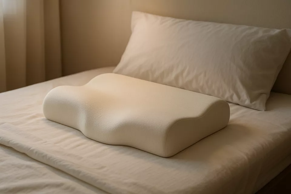 Almohada ergonómica de espuma viscoelástica con forma cervical sobre cama con sábanas blancas