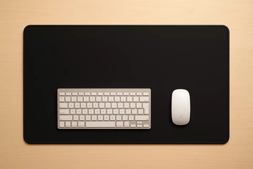 Alfombrilla de ratón negra de gran tamaño sobre escritorio de oficina con ratón y teclado