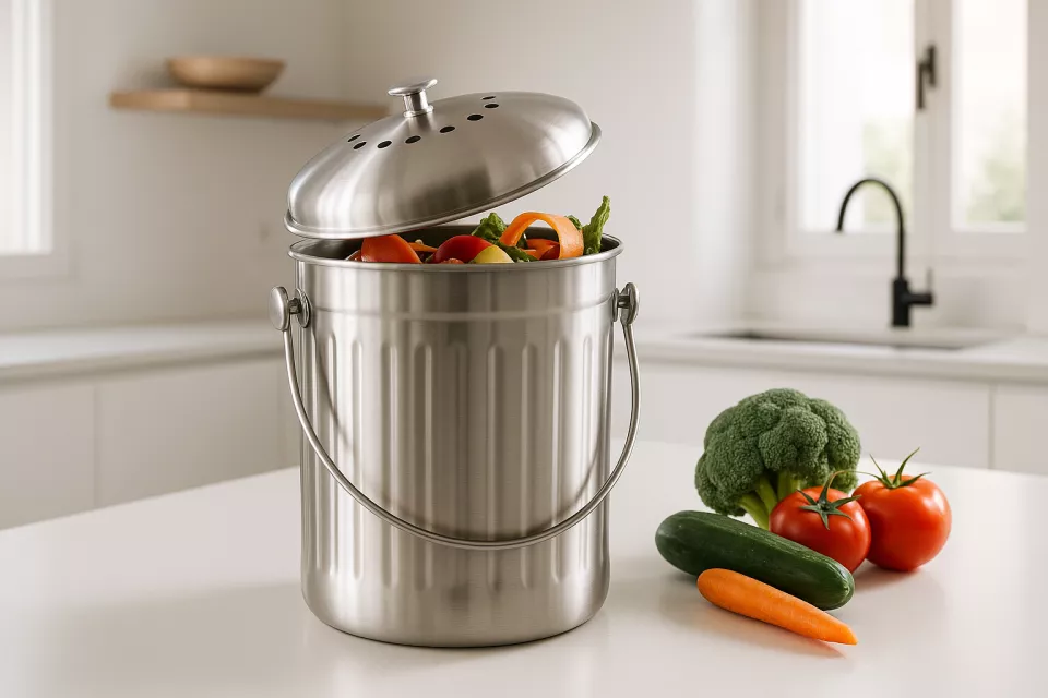 Compostador de encimera de acero inoxidable junto a restos de verduras en cocina moderna