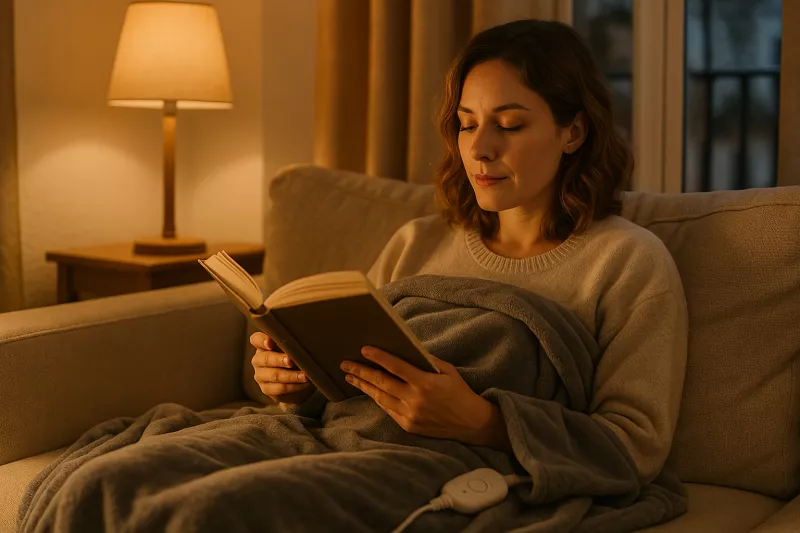 Persona relajada en sofá con manta eléctrica en ambiente invernal acogedor