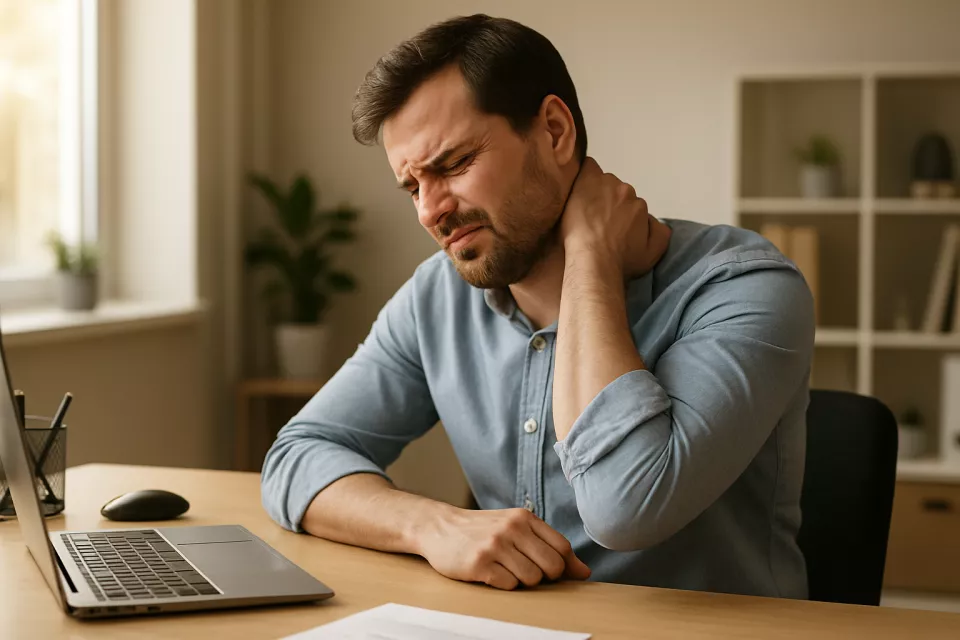 Persona con dolor muscular en cuello y hombros sentada en escritorio de oficina
