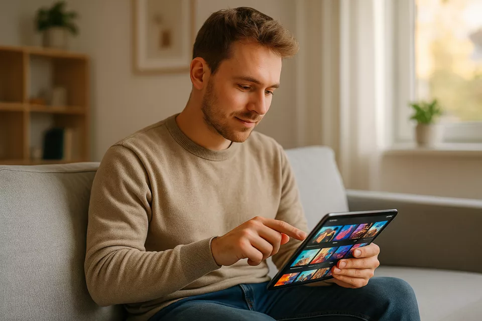 Persona joven europea usando tablet en sofa de salon moderno con pantalla visible mostrando contenido multimedia