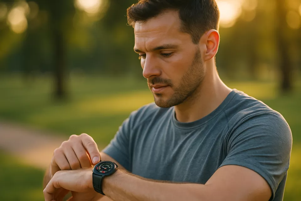 Persona deportista europea con smartwatch en muneca consultando datos de actividad en pantalla al aire libre