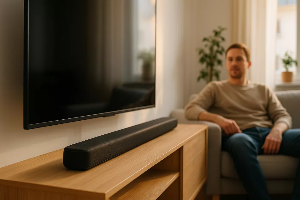 Barra de sonido moderna bajo televisor en salon luminoso con persona europea sentada en sofa disfrutando de pelicula