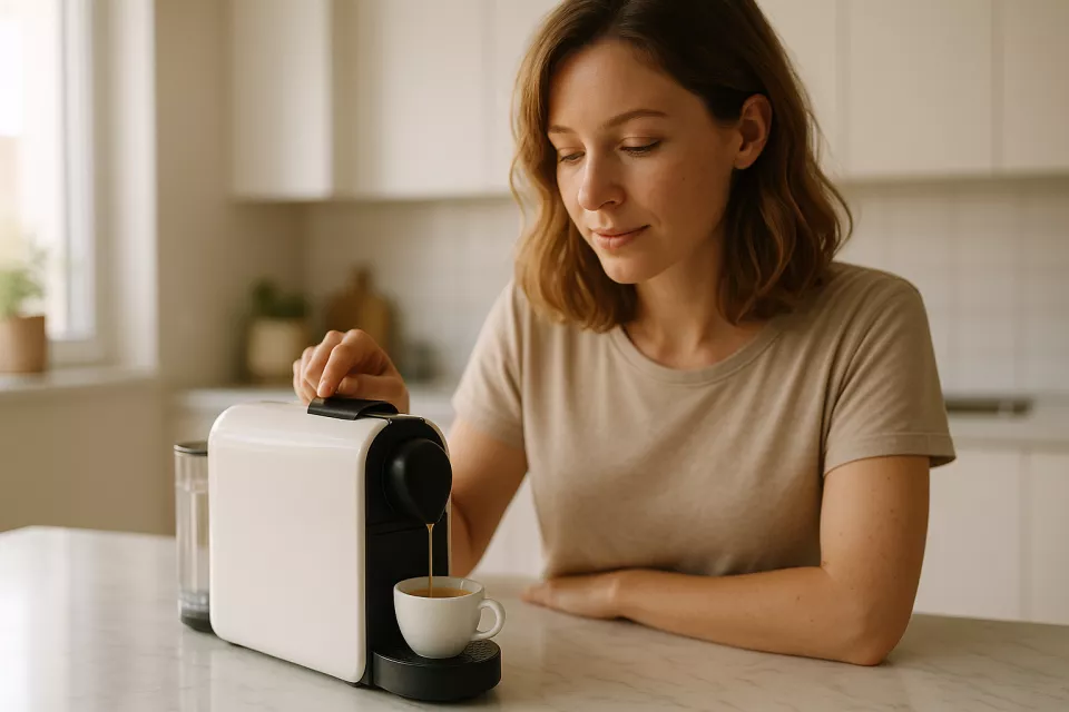 Persona europea preparando cafe con cafetera de capsulas moderna en cocina luminosa por la manana