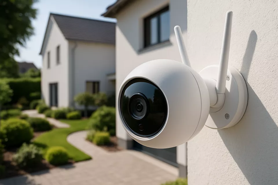 Camara de seguridad WiFi moderna montada en pared exterior de casa europea con jardin al fondo