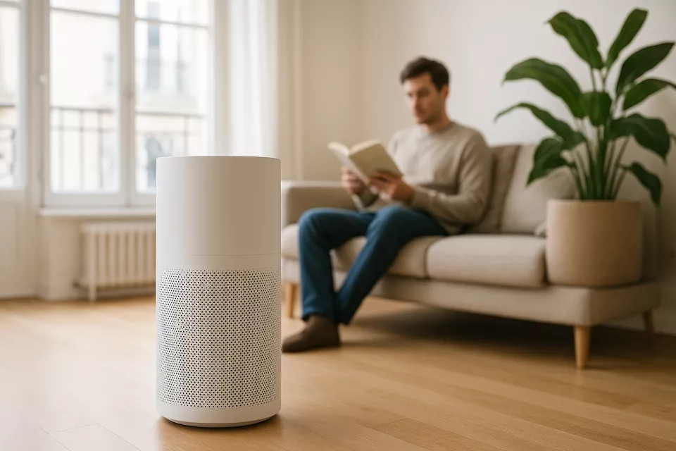 Purificador de aire moderno blanco en salon luminoso con persona europea leyendo en sofa al fondo