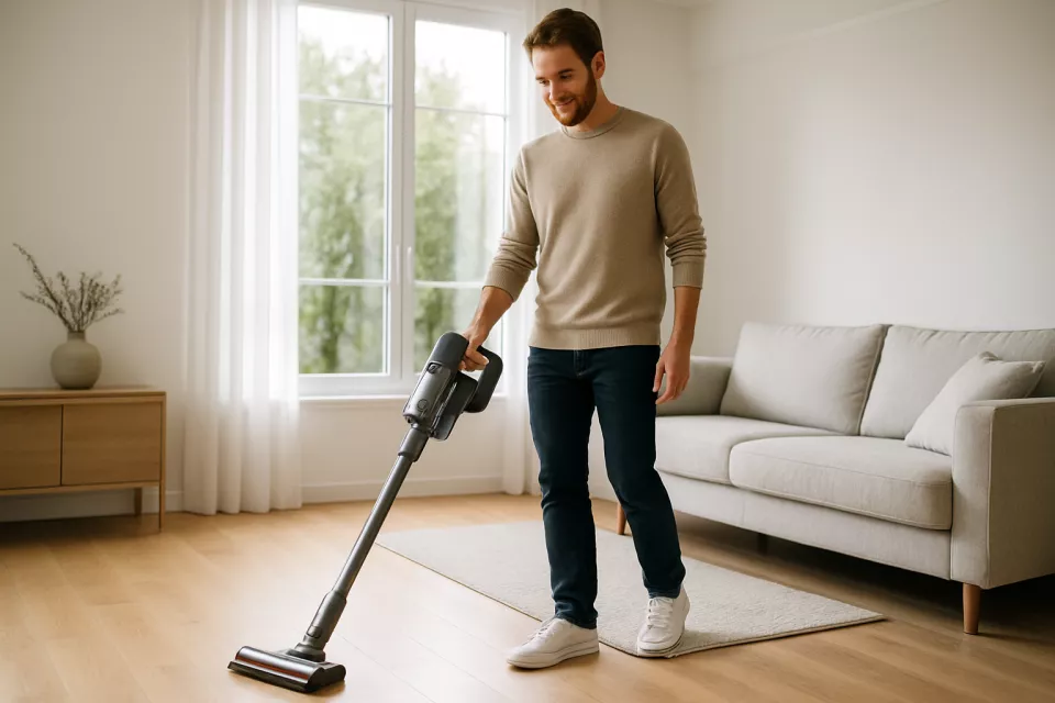 Persona europea usando aspirador sin cable vertical en salon moderno con suelo de madera y alfombra