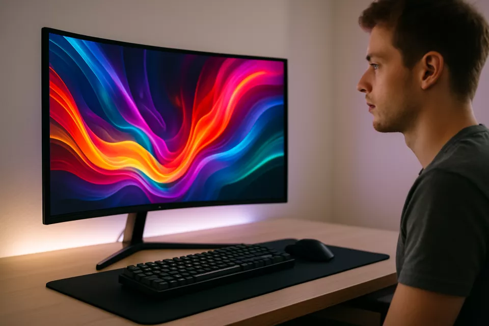 Monitor gaming curvo con pantalla encendida mostrando colores vibrantes sobre escritorio gaming minimalista con teclado y raton