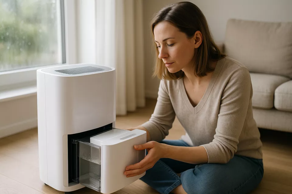 Deshumidificador blanco moderno en salon luminoso con persona europea comprobando el nivel del deposito de agua