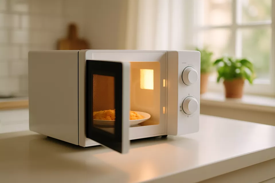 Microondas moderno en encimera de cocina iluminada con plato de comida caliente