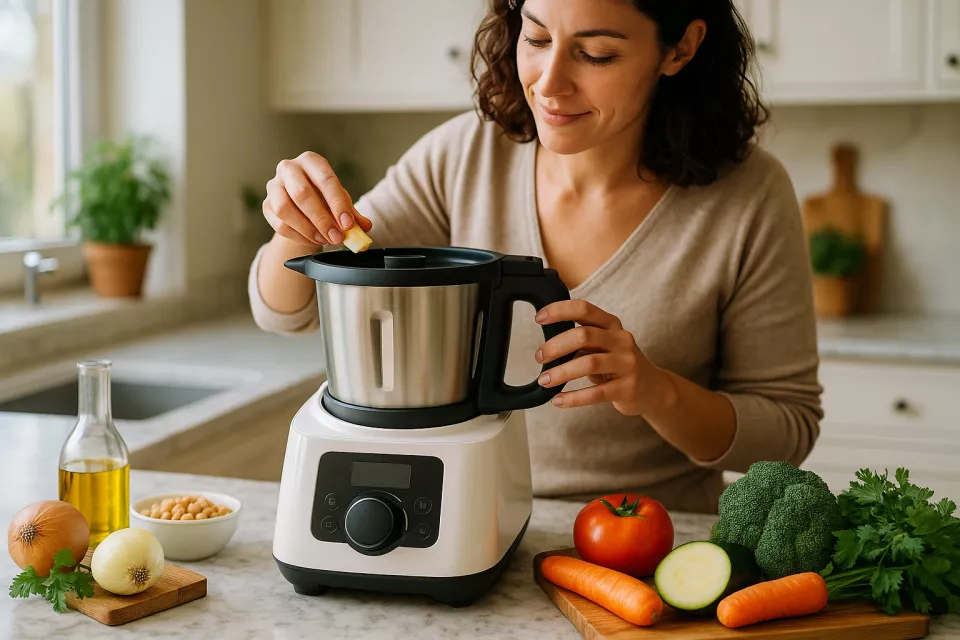 Robot de cocina moderno en encimera de cocina con ingredientes frescos alrededor