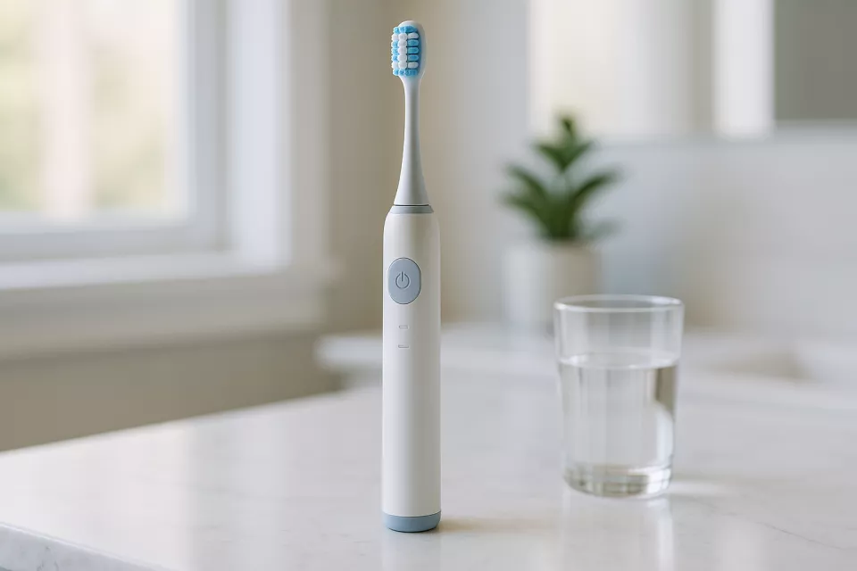 Cepillo de dientes electrico moderno en bano luminoso junto a lavabo blanco