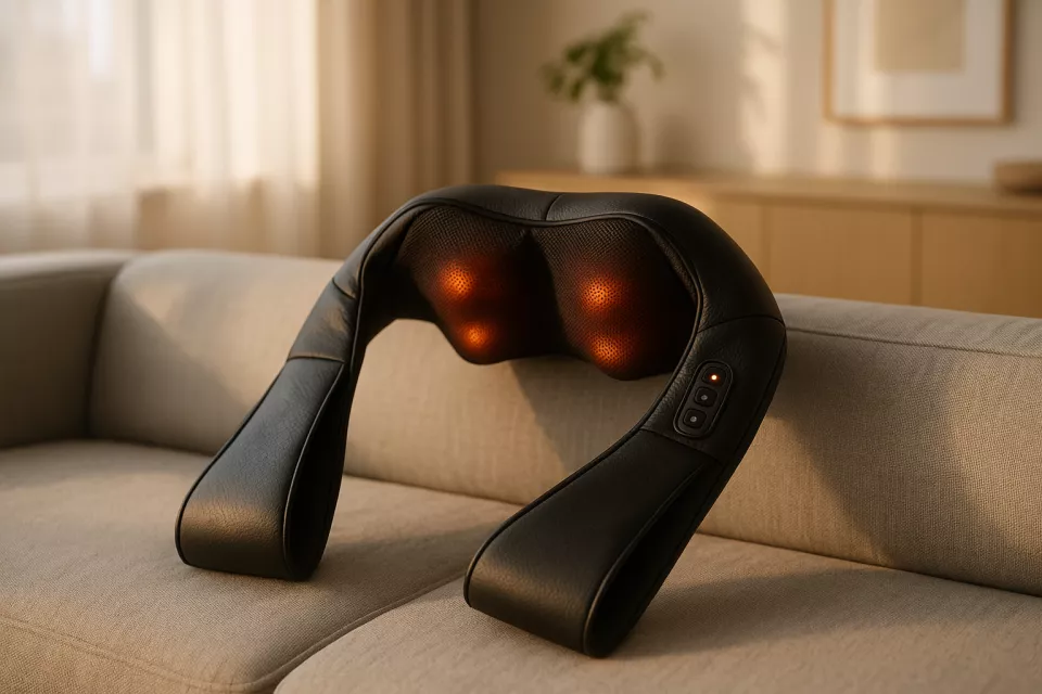 Masajeador cervical eléctrico en forma de U colocado sobre los hombros en un sofá
