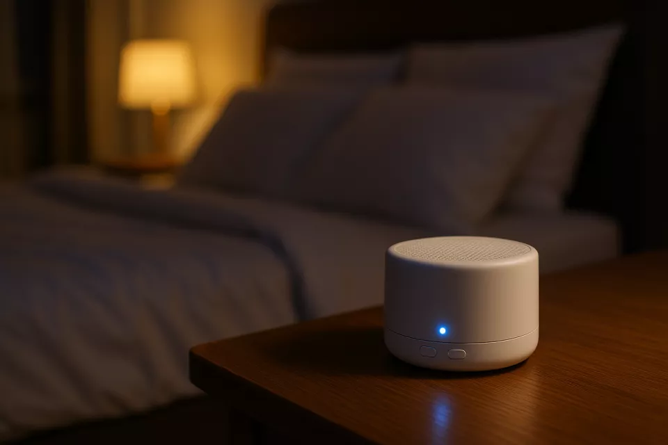 Máquina de ruido blanco compacta encendida sobre mesilla de noche en dormitorio oscuro