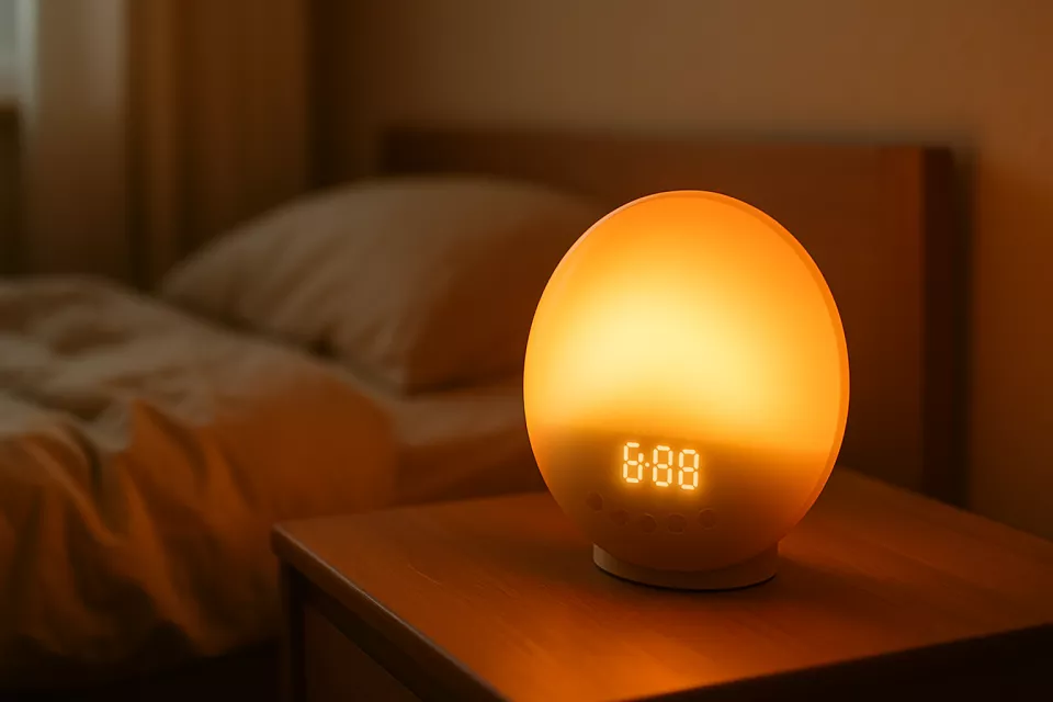 Lámpara despertador con simulación de amanecer encendida en mesilla de noche de dormitorio