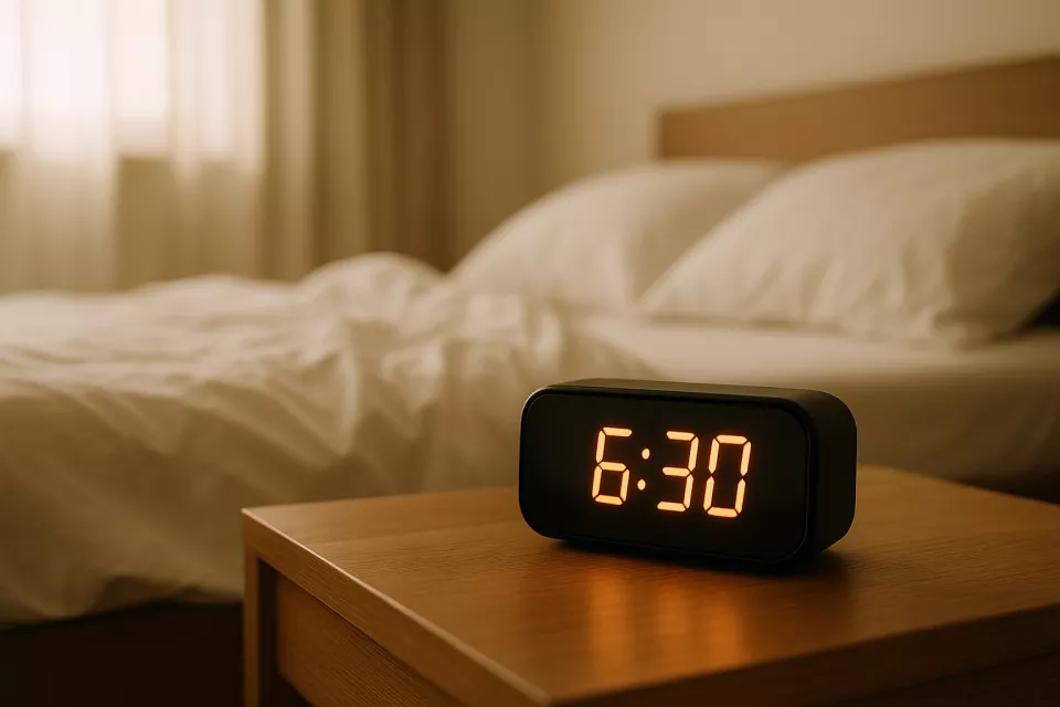 Despertador digital moderno en mesilla de noche con luz suave en dormitorio