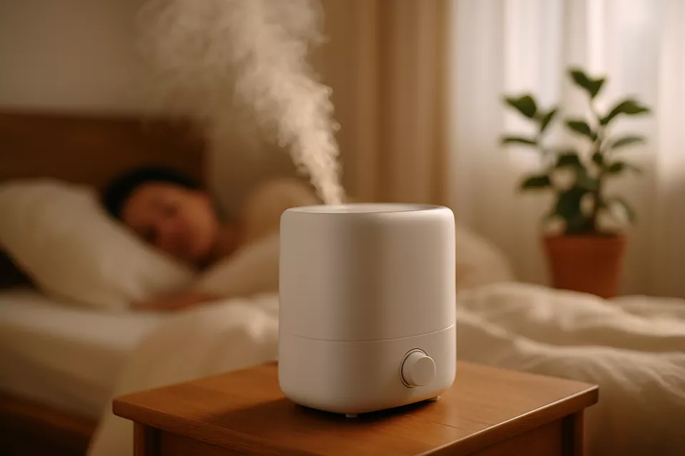 Humidificador moderno funcionando en salón con vapor visible y ambiente acogedor