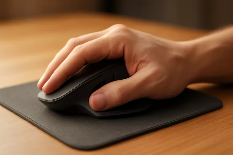 Mano en posición ergonómica correcta sobre ratón inalámbrico en escritorio ordenado