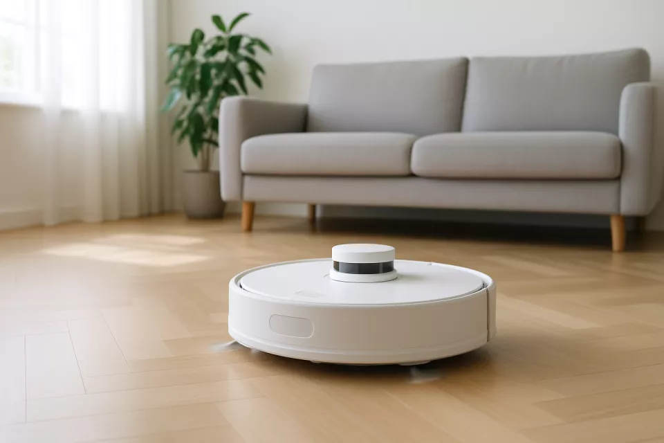 Robot aspirador con mapeo laser limpiando salon moderno con sofa y parquet