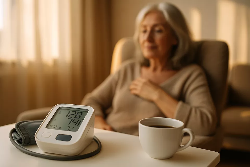 Tensiometro digital de brazo sobre mesa junto a taza de cafe por la manana