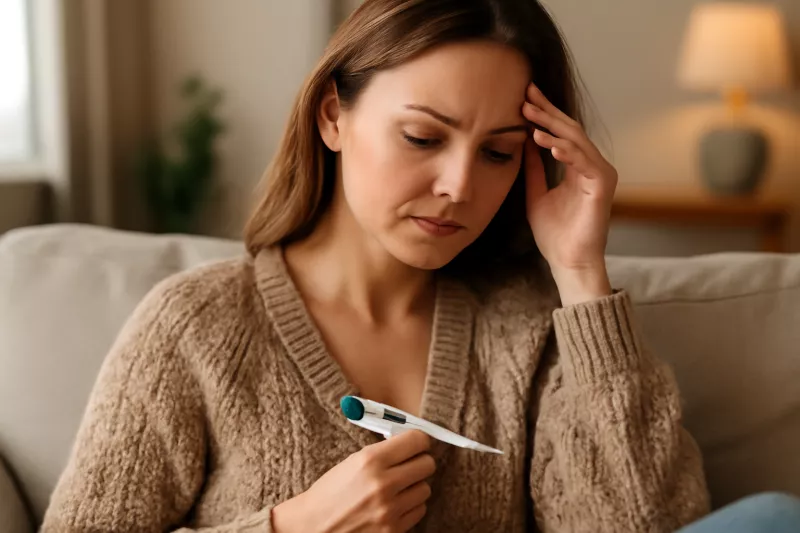 Persona tomándose la temperatura con termómetro digital en la axila mientras está en el sofá