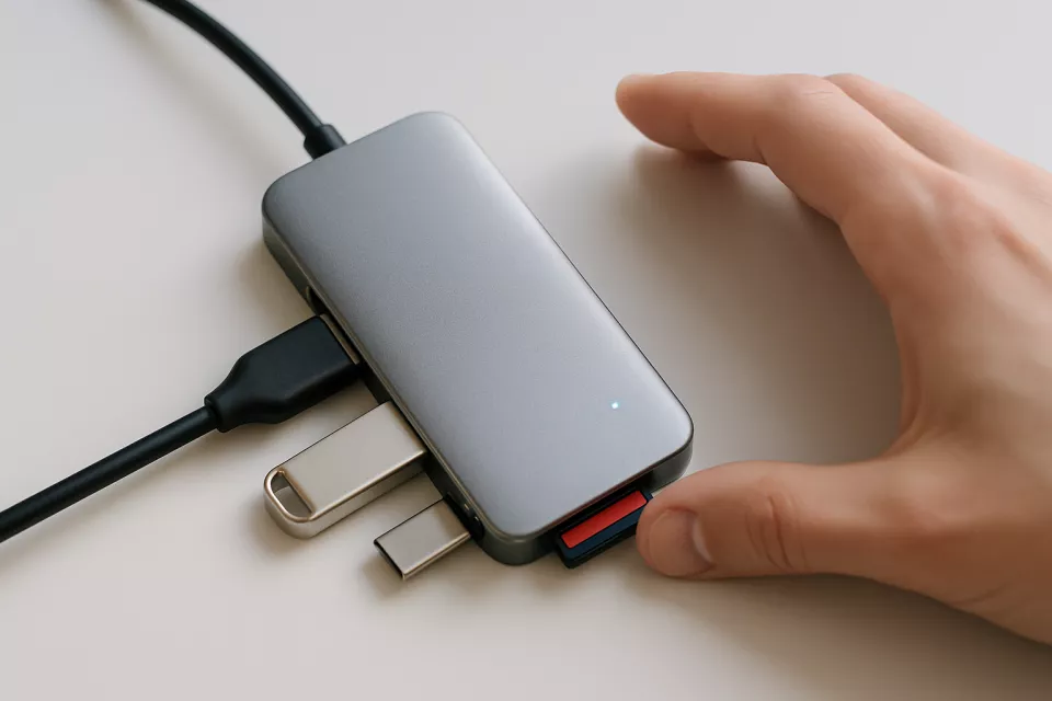 Hub USB-C calidad-precio multipuerto sobre escritorio teletrabajo